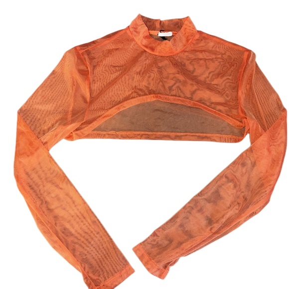 High Neck Neon Orange Mesh Crop Top - Picture 2 of 5